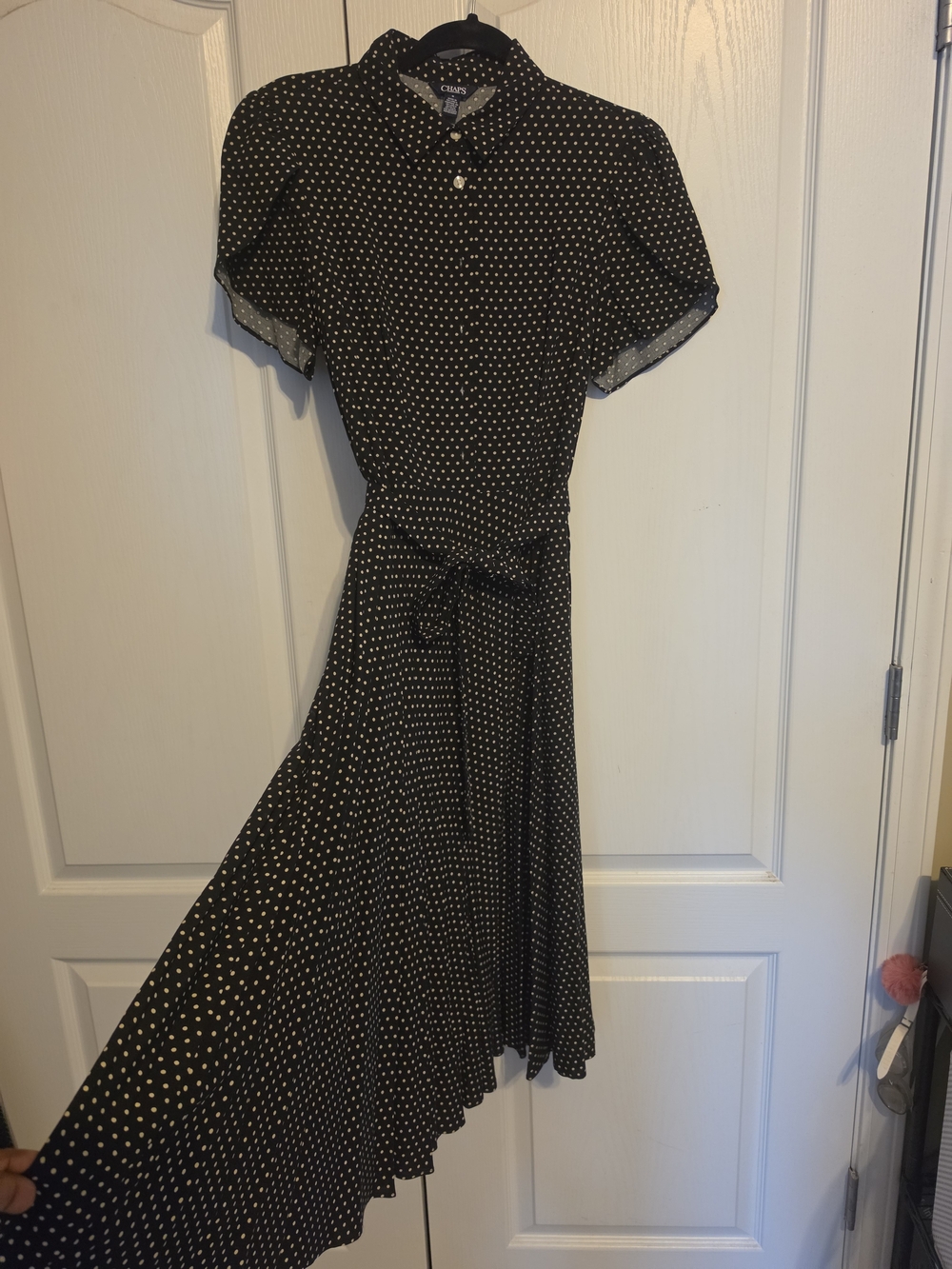 Chaps Black Polka Dot Midi Shirt Dress with Tie Waist
